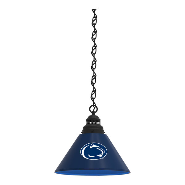 A blue pendant light with a white Penn State logo.