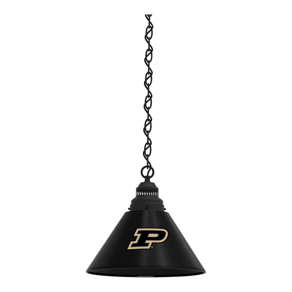 A black Holland Bar Stool pendant light with the Purdue University logo on it.