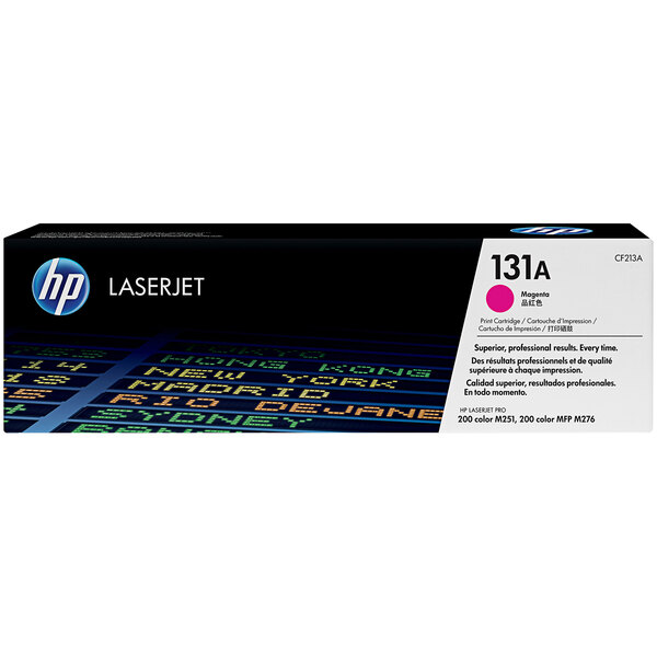 A black and white HP printer toner box with a pink label.