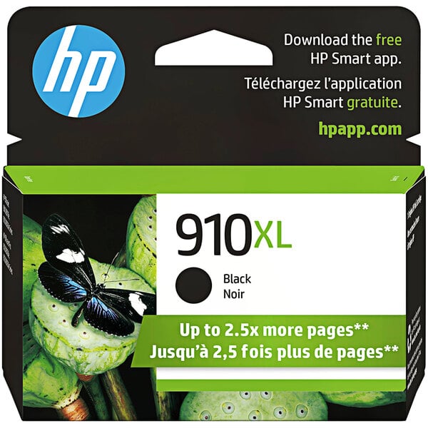 A black and green HP ink cartridge package with a butterfly on it.