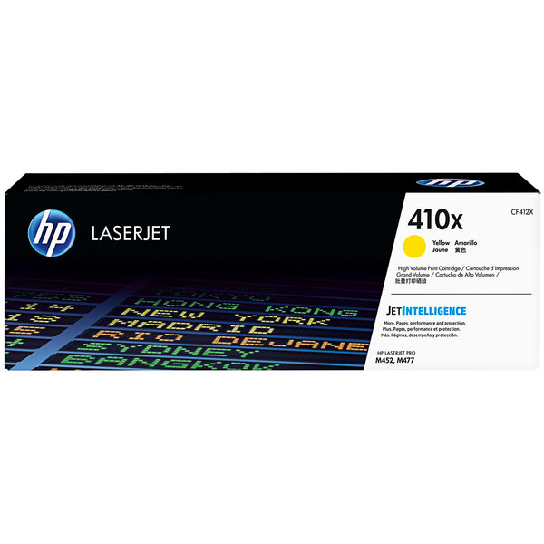A yellow and black HP LaserJet printer toner cartridge with the text "HP 410X" in yellow.