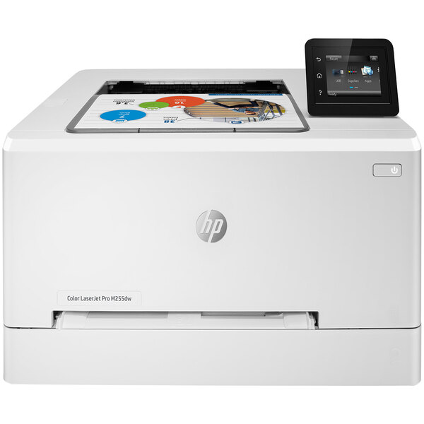 A white HP LaserJet Pro printer with a touchscreen.