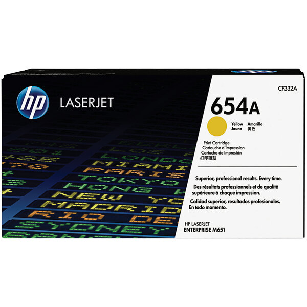A close up of a HP yellow and black LaserJet printer toner cartridge with a white label with yellow text.