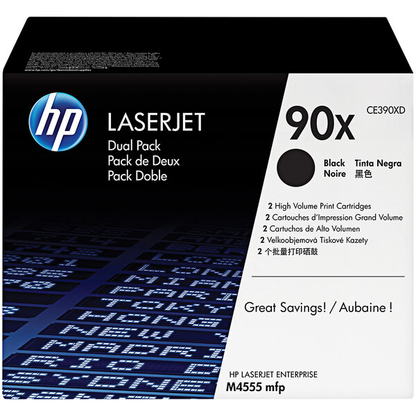 A white box with black and white text reading "HP CE390XD Black High Yield Original LaserJet Printer Toner Cartridge - 2/Pack"