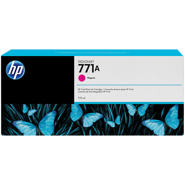 The white and magenta label on a box of HP 771A DesignJet printer ink cartridges.