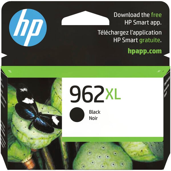 A black and green HP ink cartridge box with a black and white butterfly on a green leaf.