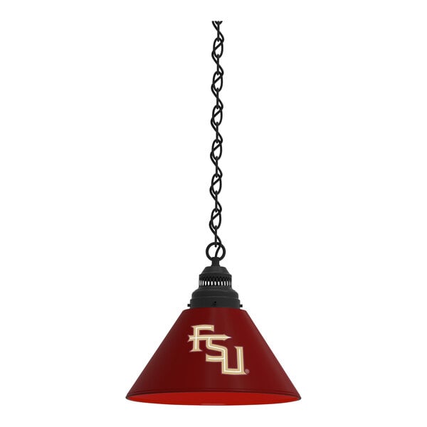 A black pendant light with a Florida State University Seminoles logo on the shade.