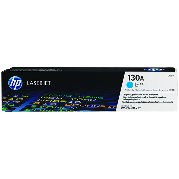 A black and white box with blue text reading "HP CF351A Cyan Original LaserJet Printer Toner Cartridge"