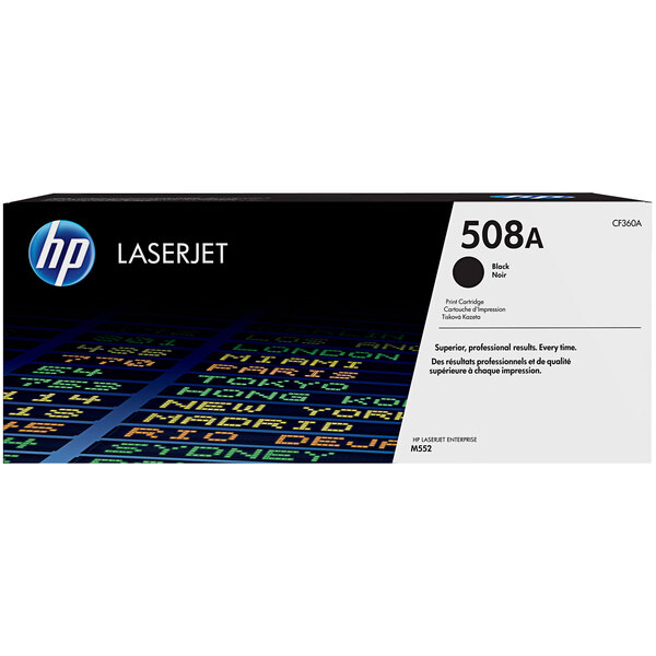 The black and white box of an HP CF360A Black Original LaserJet Printer Toner Cartridge with text and numbers.