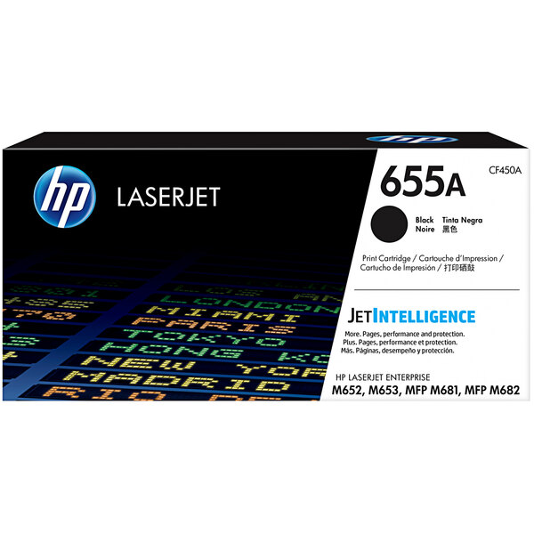A black and white HP LaserJet toner cartridge box with black text and black circles.