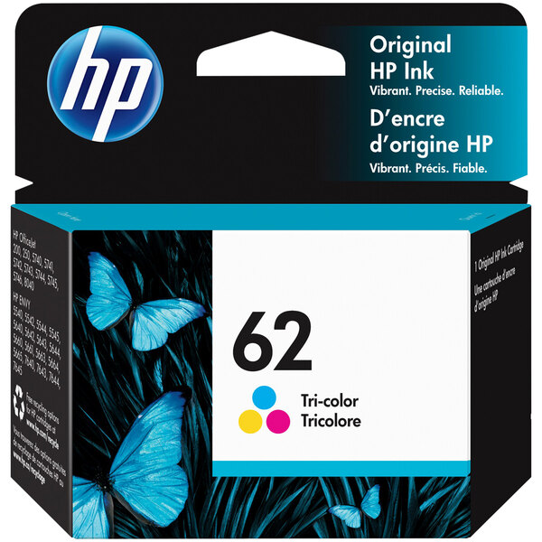 A box of HP Cyan, Magenta, and Yellow printer toner cartridges.