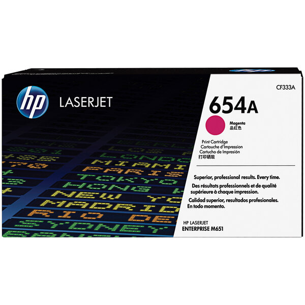 An HP CF333A Magenta LaserJet toner cartridge in a white box with black and pink text.