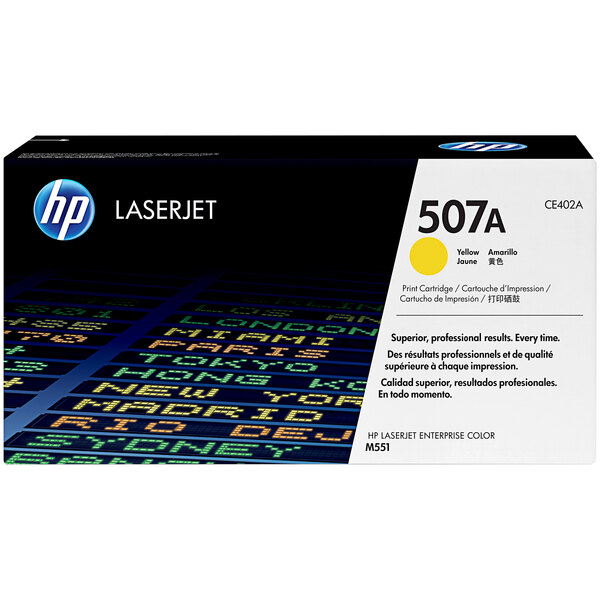 A yellow and black HP toner cartridge box with white text.