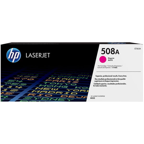 A white box with black text and a pink label reading "HP CF363A Magenta Original LaserJet Printer Toner Cartridge"