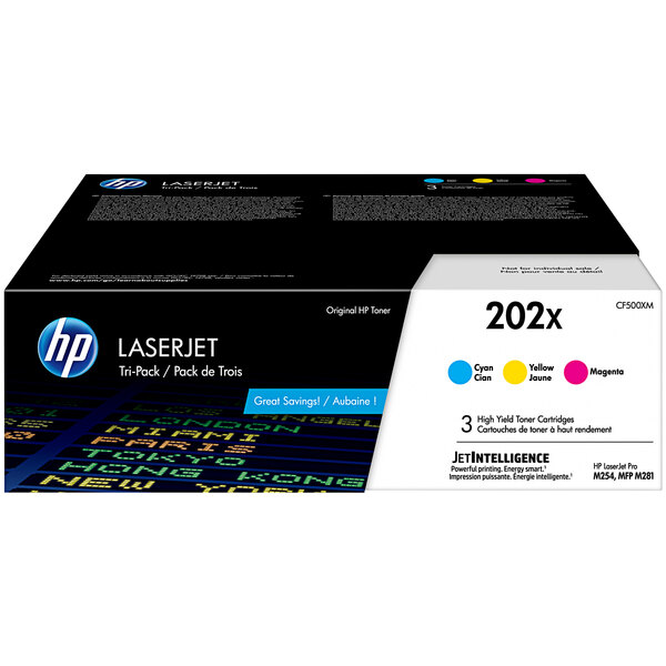 A black HP box with white and blue text and yellow and blue text for Cyan, Magenta, and Yellow HP LaserJet toner cartridges.