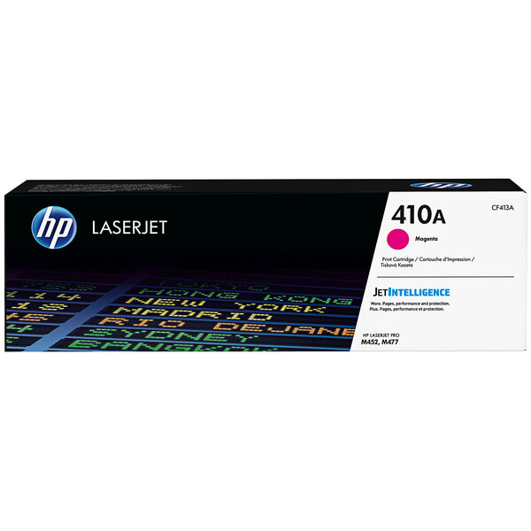 A black HP printer toner box with a pink and blue label.