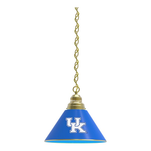 A blue and gold lamp shade with a white University of Kentucky logo on it hanging from a light.