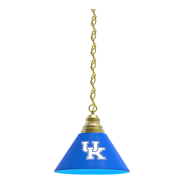 A blue lamp shade with the University of Kentucky Wildcats logo in white.