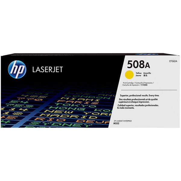 A yellow and black HP LaserJet printer toner cartridge.