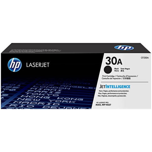 A black and white box for an HP CF230A Black Original LaserJet Printer Toner Cartridge with text and images.