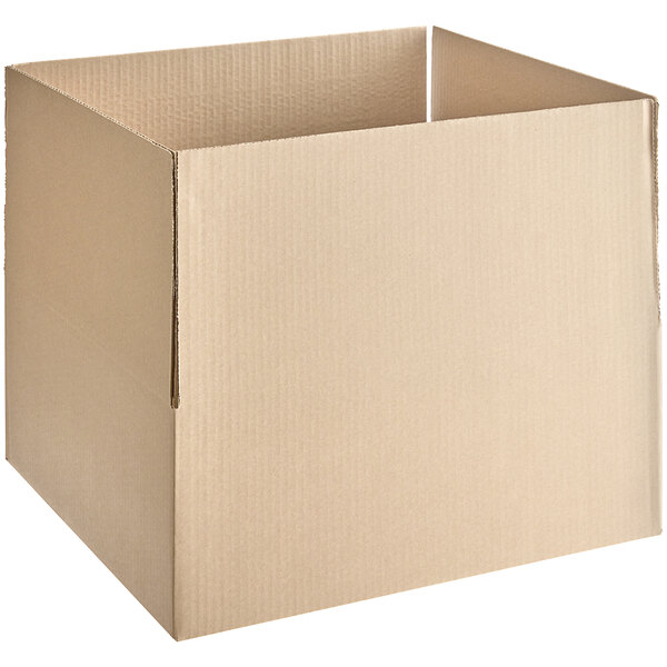 A close-up of a Lavex cardboard shipping box with a lid on it.