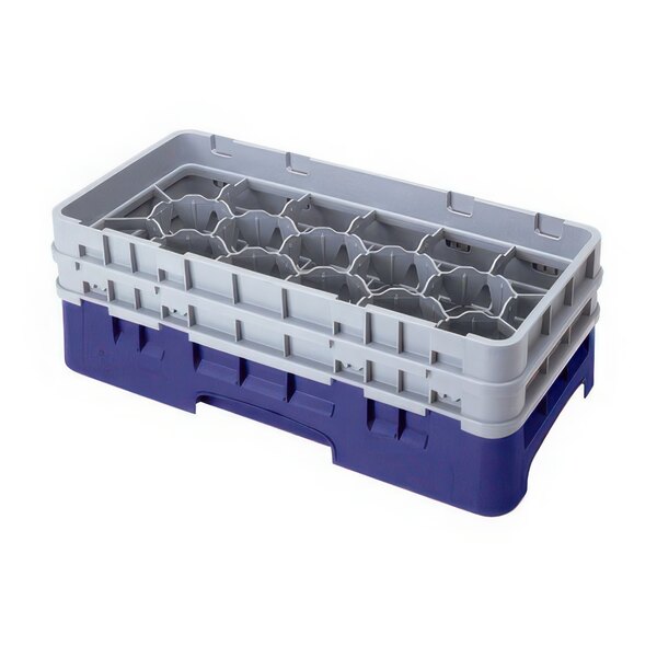 A navy blue plastic Cambro glass rack with 17 compartments and 6 extenders.