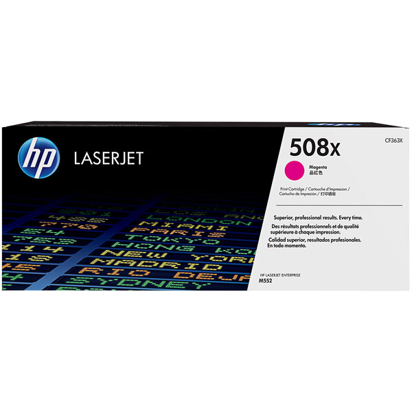 The packaging for an HP CF363X Magenta High Yield LaserJet Toner Cartridge with a pink label on a black and white box.