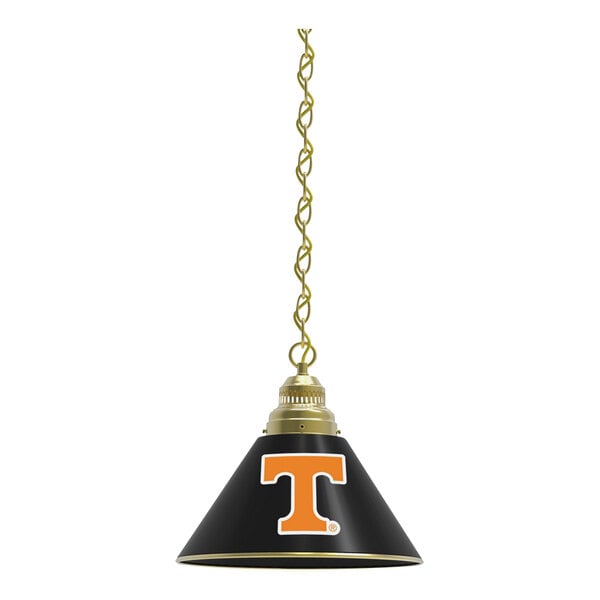 A black lamp shade with a gold logo on it hanging from a ceiling.