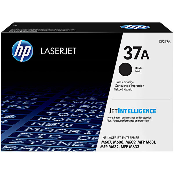 A black and white HP printer toner cartridge box with "HP CF237A" in white text.