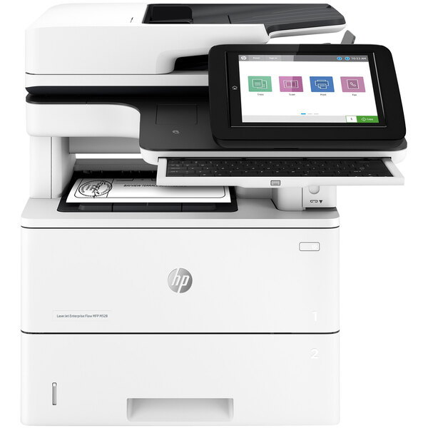 A white HP LaserJet Enterprise printer with a touchscreen on top.