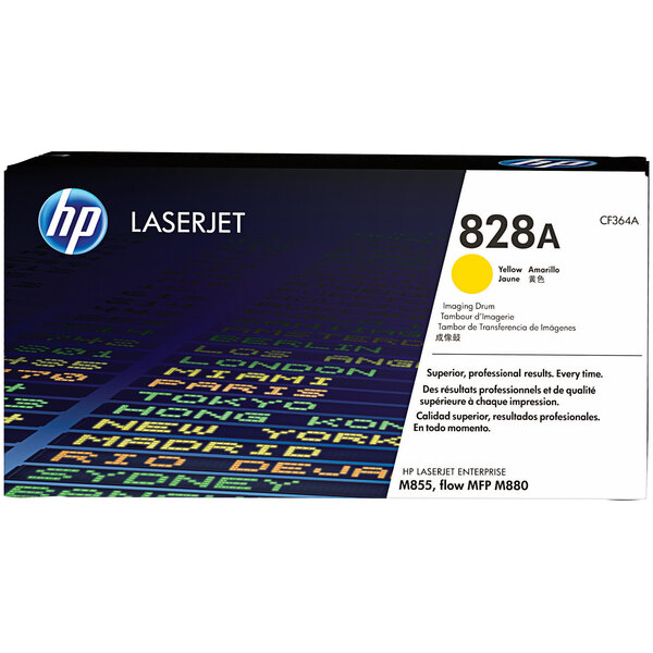 The yellow and black label of an HP CF364A Yellow Original LaserJet Image Drum.