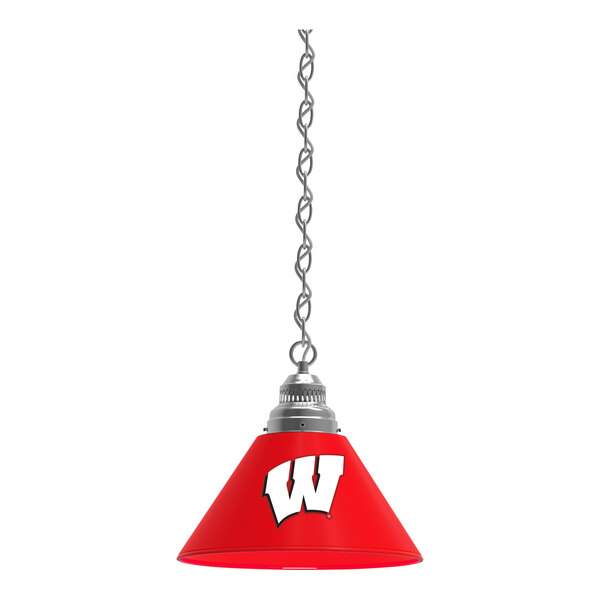 A red lamp with a white W logo hanging from it.