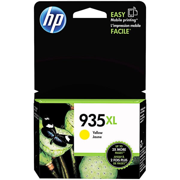 A HP yellow ink cartridge in a black box with the product name "HP C2P26AN#140 Yellow High Yield Original Printer Ink Cartridge"