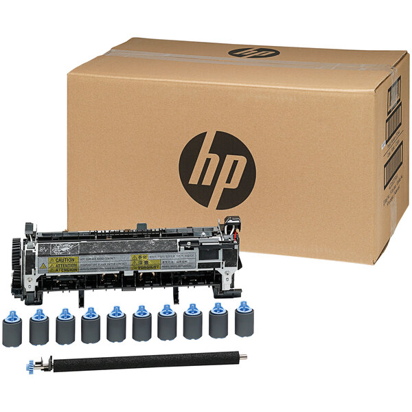 A cardboard box with a black HP logo on it containing a maintenance kit for HP LaserJet printers.