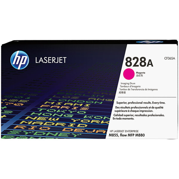 A black and white box with a pink label for an HP CF365A Magenta Original LaserJet Image Drum.