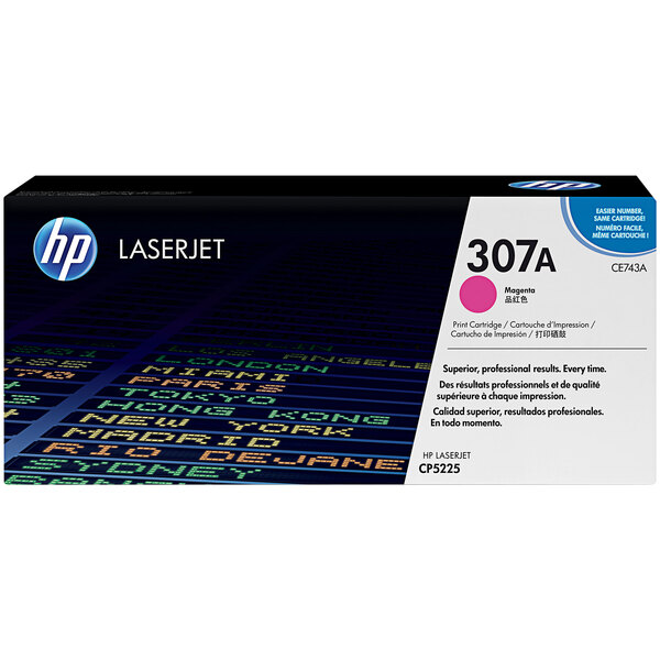 The white and black box of a HP CE743A Magenta LaserJet toner cartridge with a pink label.