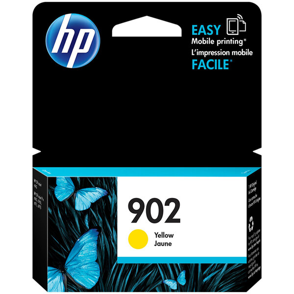 A black box with a yellow and blue design for an HP 902 yellow ink cartridge.