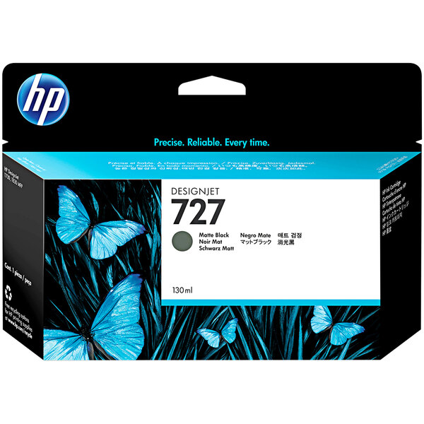 A package of HP DesignJet 727 Matte Black ink cartridges with blue and white accents.