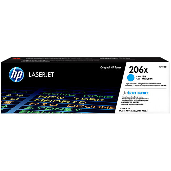 A black box with blue and colorful text for an HP W2111X Cyan LaserJet toner cartridge.