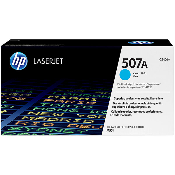 A black box with a white label and blue text reading "HP CE401A Cyan Original LaserJet Printer Toner Cartridge"