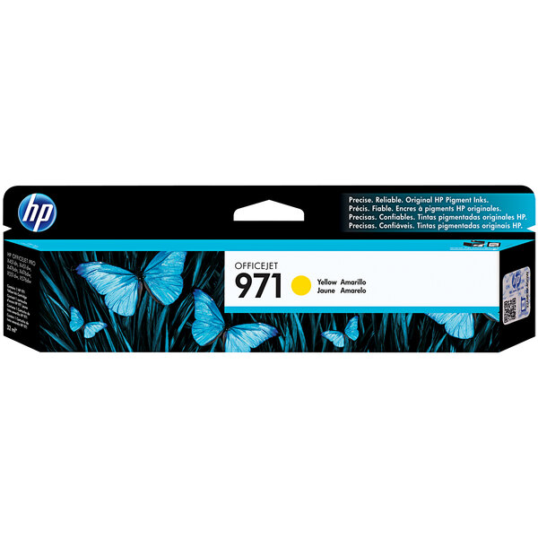 A black box with "HP 711 Yellow" in blue and black with blue butterflies.