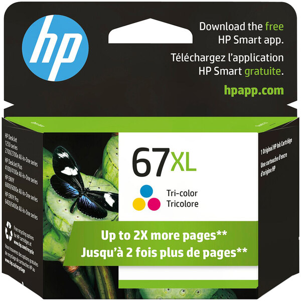 A black box with white and black text reading "HP 67XL Cyan, Magenta, and Yellow Ink"