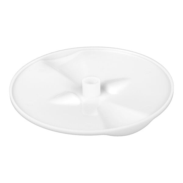 A white, round plastic plate with a raised central cylindrical hub and slightly contoured surface.