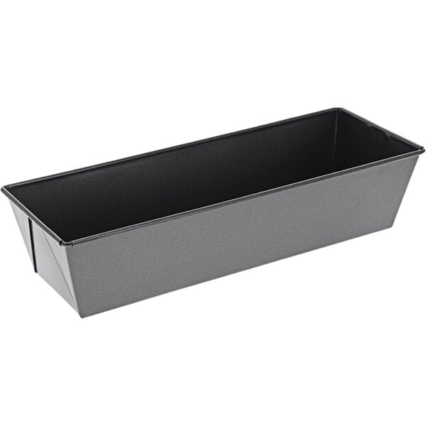 A black rectangular metal pan with a handle.