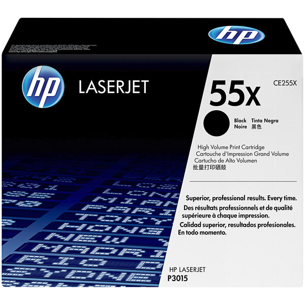 A black and white HP CE255X LaserJet toner cartridge box with blue and white text.
