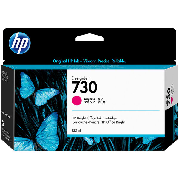 The package of a HP DesignJet 130 mL magenta ink cartridge.
