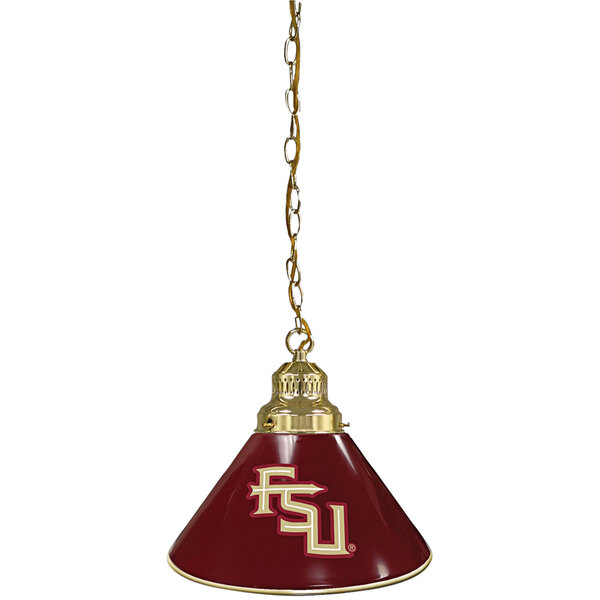 A close-up of a Holland Bar Stool Florida State University 1-light pendant with a brass finish and a Florida State Seminoles logo.