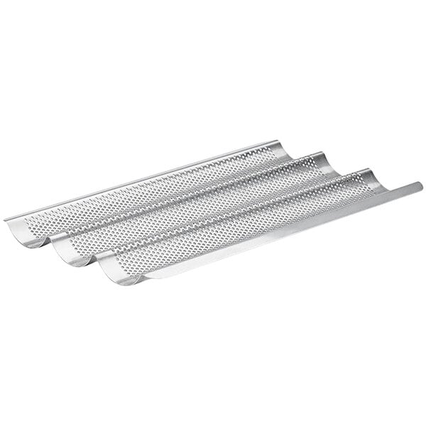 A de Buyer stainless steel perforated baguette pan with three loaf sections.