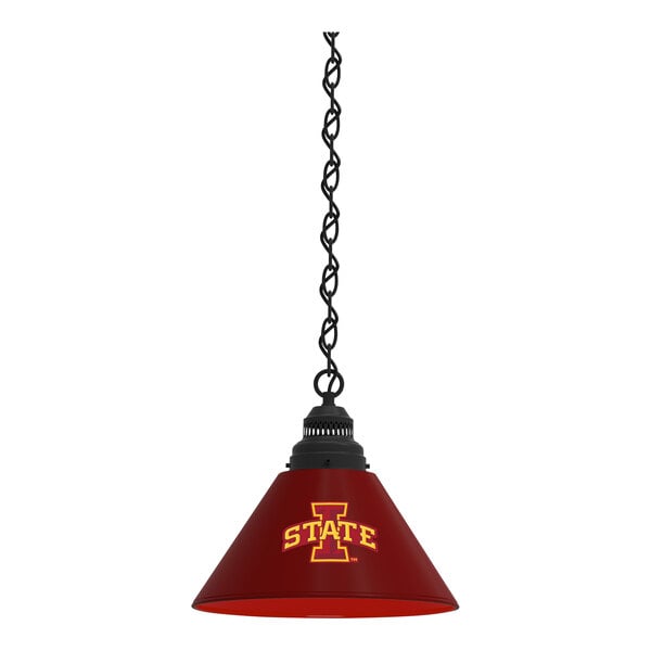 A black pendant light with the Iowa State University logo in yellow and red.