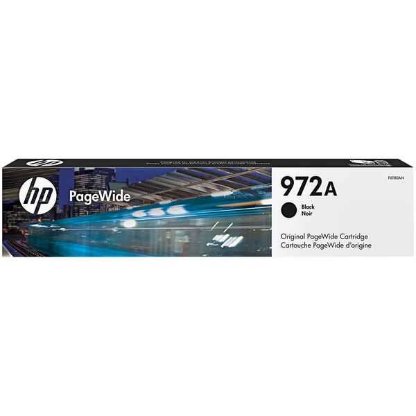 A black and white box for an HP Black Original PageWide Printer Ink Cartridge with a picture of a city.